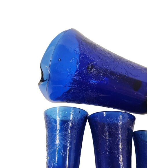 Vintage Cobalt Blue Glass Pitcher Set Florentine 2 Upper Deck 5 Piece Taiwan Emb - Picture 9 of 16